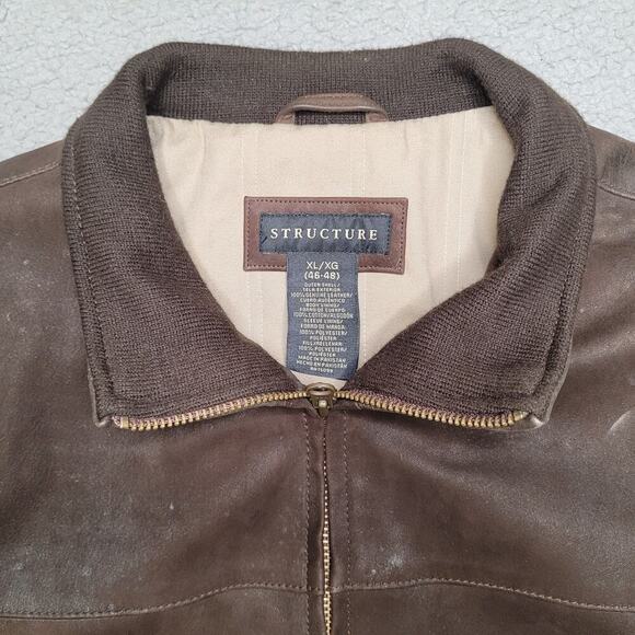 VTG Structure Jacket Mens XL Brown Leather Zip Classic Minimalist 90s Patina - Picture 7 of 12